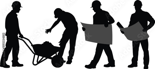Construction worker silhouettes transporting materials and reviewing plans, builders working with wheelbarrow and blueprints isolated on white background