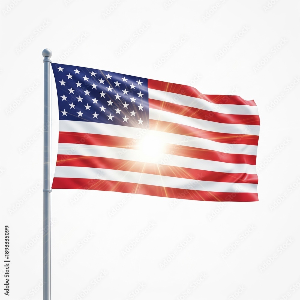 Obraz premium American Flag Waving Against a White Background with Sunlight Flare