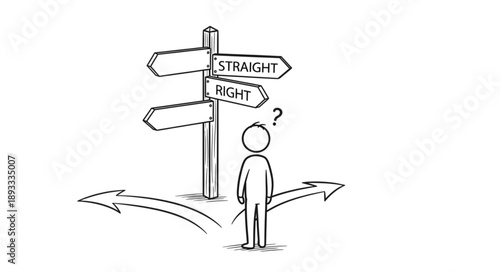 Person standing at a crossroads signpost with multiple directions.