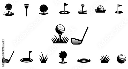 Golf course icon set with ball on tee, flag hole, club, and grass.