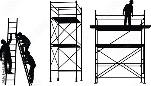 Construction worker silhouettes using ladders and scaffolding, safety work at height, industrial maintenance and building illustration isolated white background