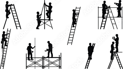 Construction worker silhouettes using ladders and scaffolding, teamwork and safety at height, industrial labor activities illustration isolated white background