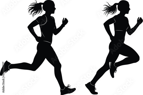 running, women, silhouettes, female, athletes, fitness, sport, exercise, jogging, sprint, motion, action, workout, training, healthy, lifestyle, black, white, vector, illustration