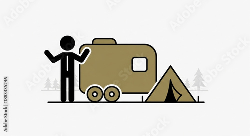 Person standing next to a camper trailer and tent.
