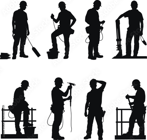 Construction worker silhouettes using power tools and heavy equipment, builders drilling and breaking surfaces isolated on white background