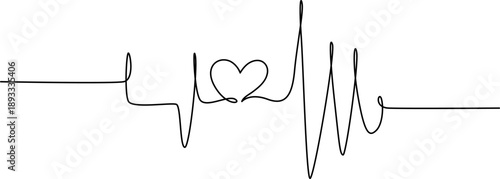 Continuous line drawing vector illustration of a heartbeat and heart shape vector, Continuous one line drawing of heart shape with heartbeat pulse line symbolizing health insurance and medical