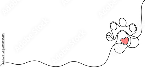 Dog or cat paw footprint and heart in continuous one line drawing of minimal out line art. Animal in heart Pets love concept abstract drawing, Minimalist heart with paw inside single line drawing