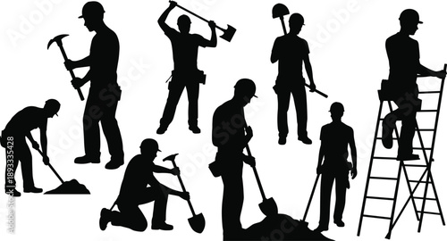 Construction worker silhouettes using shovel, hammer, pickaxe and ladder, manual labor activities, building and repair work isolated on white background