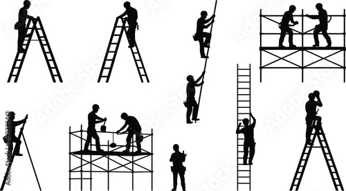 Construction worker silhouettes using ladders and scaffolding, teamwork safety activities at height, industrial labor illustration isolated on white background