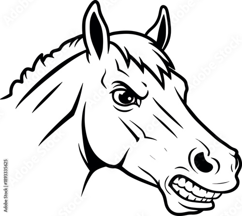 Aggressive Horse Head Illustration in Black and White Artistic Style