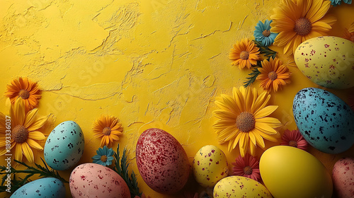 Colorful Easter eggs and flowers arranged on a bright yellow background during the spring season