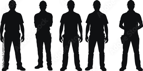 Construction worker silhouettes wearing hard hats, male builders standing poses, industrial labor workforce isolated on white background