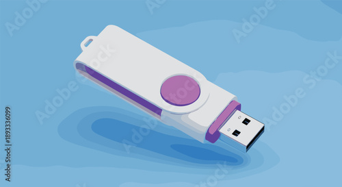 USB flash drive illustration, portable data storage device, modern technology memory stick icon isolated on blue background, flat vector design