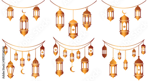 Golden lanterns hanging decorative string lights for festival celebration background