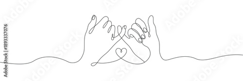 Continuous one line drawing of two hands making a pinky swear promise with heart symbol. Editable stroke. Doodle hand drawn vector illustration