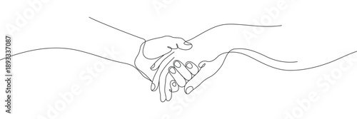 Continuous one line drawing of two hands holding each other for support and partnership. Editable stroke. Doodle hand drawn vector illustration