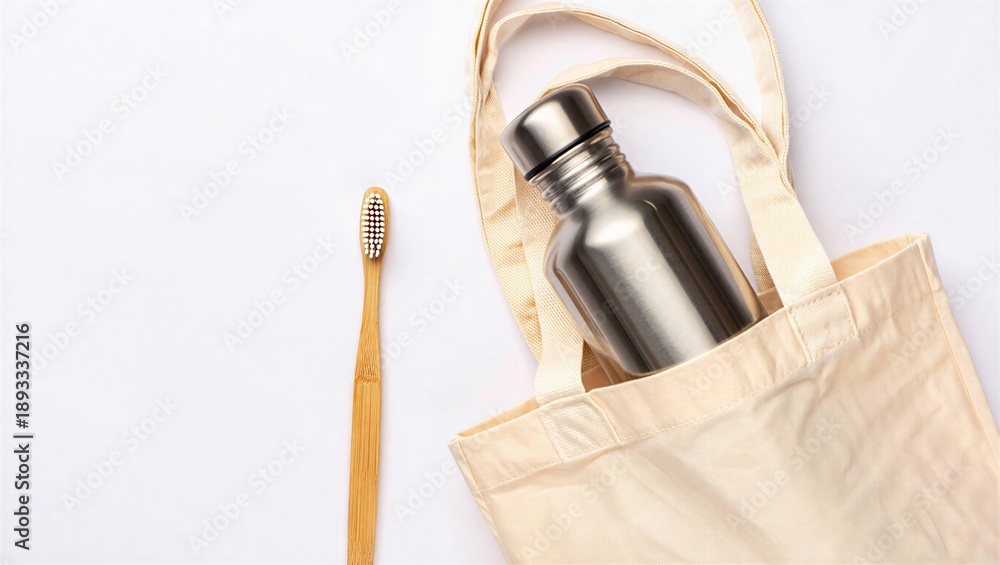 Naklejka premium Sustainable lifestyle concept with bamboo toothbrush and stainless steel water bottle inside reusable cotton tote bag on white background