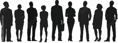 Vector illustration of a business team and crowd featuring black silhouettes of a man in a suit and a woman standing with a group of people