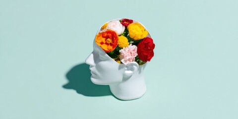 Human Head Silhouette Sculpture with Vibrant Flowers Blooming for Mental Health Awareness Graphic Concept on Pastel Background for Educational Posters and Wellness