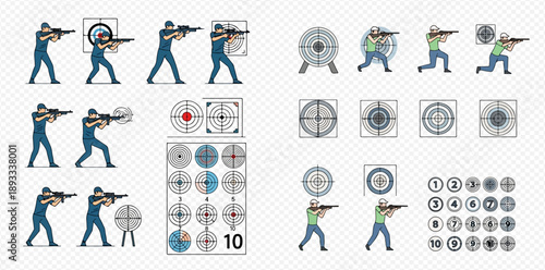 Shooting range practice with various targets and shooter positions, vector illustration set.
