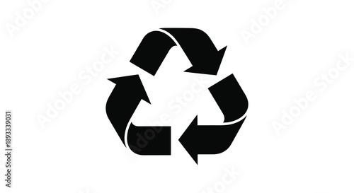 A stark black recycling symbol is prominently displayed on a clean white background representing environmental consciousness high quality