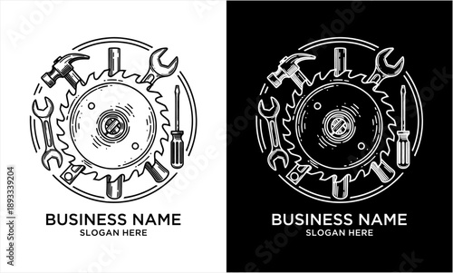 Vintage Hand-Drawn Circular Saw Blade and Tools Logo Design.