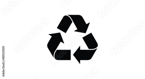 A stark black recycling symbol is prominently displayed against a clean bright white background signifying reuse high quality