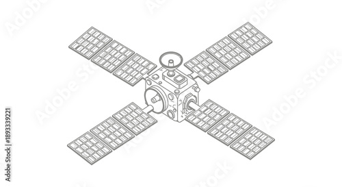 A detailed line drawing depicts a satellite in space showcasing its solar panels and central body high quality