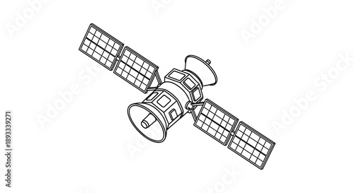 A simple line drawing depicts a satellite in space featuring solar panels and a cylindrical body high quality