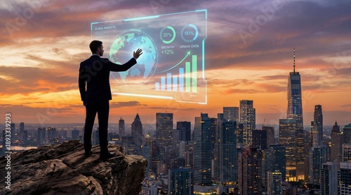 Businessman analyzing global markets and urban data on a futuristic digital interface standing on a cliff overlooking a modern cityscape at sunset on transparent background. on transparent background