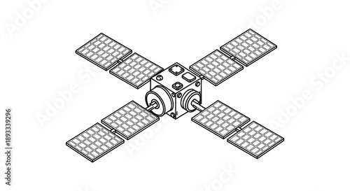 A technical illustration depicts a satellite with four prominent solar panel wings extended outward high quality professional detailed