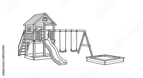 A detailed line drawing depicts a wooden playset featuring a tower slide swings and sandbox high quality professional