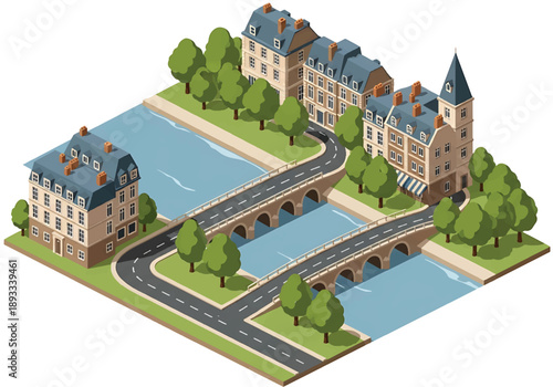 Isometric 3D view illustration of a Paris-inspired riverside city landscape with bridges, tree-lined banks, generic rooftops, roads, and calm urban scenery in vector style