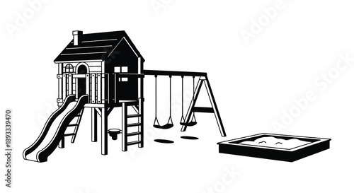 A black and white illustration depicts a wooden playground structure with a slide swings and sandbox high quality