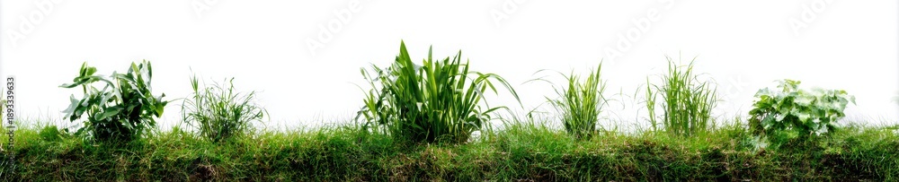Obraz premium Lush Green Plants and Grass Growing in a Row for Nature Landscape Design, Gardening and Ecology Projects Isolated on Solid White Background with Copy Space