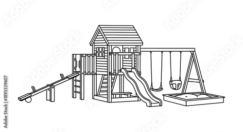 A detailed black and white line drawing depicts a wooden playset with a slide swings and sandbox