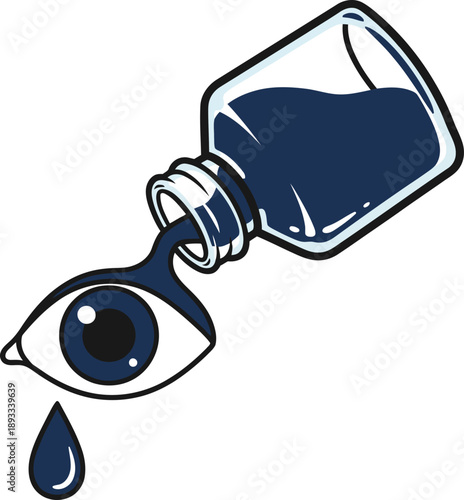 Eye Sticker Vector | Dark Liquid Pouring from Bottle into Human Eye with Teardrop Clipart