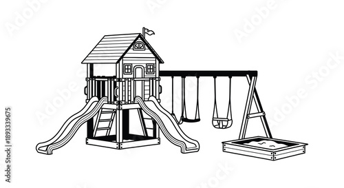 A detailed black and white line drawing depicts a wooden playground structure with slides swings and a sandbox