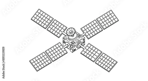 A detailed line drawing depicts a satellite in space featuring large solar panels extending outwards high quality professional