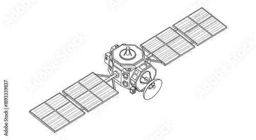 A detailed line drawing depicts a satellite in space showcasing its rectangular solar panels and central body