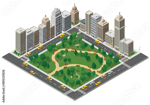 Isometric 3D view illustration of a New York-inspired urban park landscape with grid streets, green spaces, walking paths, and surrounding city blocks in clean vector style