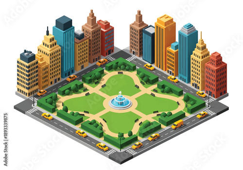 Isometric 3D view illustration of a New York-inspired urban park landscape with grid streets, green spaces, walking paths, and surrounding city blocks in clean vector style