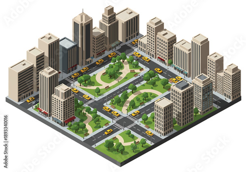 Isometric 3D view illustration of a New York-inspired urban park landscape with grid streets, green spaces, walking paths, and surrounding city blocks in clean vector style