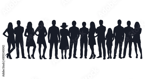 A collection of black silhouettes depicts a diverse group of people standing together in a line high quality