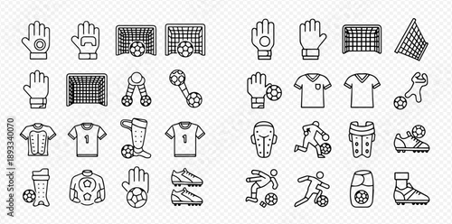 Set of soccer and football related line icons, including goalkeeper gloves, goal, ball, jersey, and player actions.