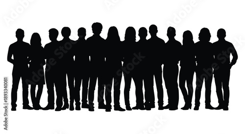 A silhouetted group of people stand closely together forming a unified and anonymous collective form high quality professional