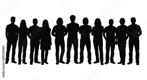 A line of silhouetted figures possibly representing a group team or crowd of people standing together high quality