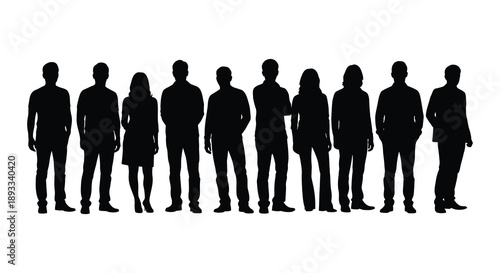 A line of ten silhouetted figures stands against a stark white background presenting a uniform anonymous group