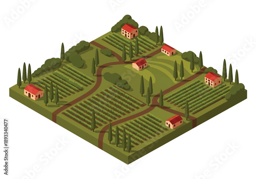Isometric 3D view illustration of a Tuscany-inspired countryside landscape with vineyards, rolling hills, farmhouses, cypress trees, and scenic rural roads in vector style
