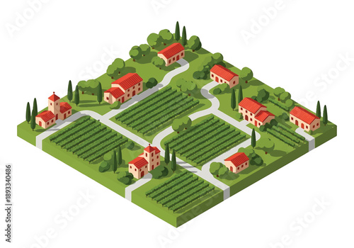 Isometric 3D view illustration of a Tuscany-inspired countryside landscape with vineyards, rolling hills, farmhouses, cypress trees, and scenic rural roads in vector style